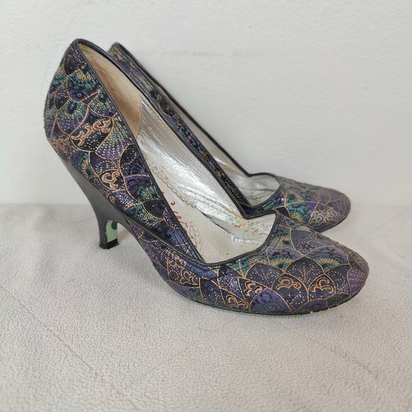 Irregular Choice Peacock Wedge Heels Womens 7 Multicolor Velvet Embossed Shoes - Picture 2 of 8